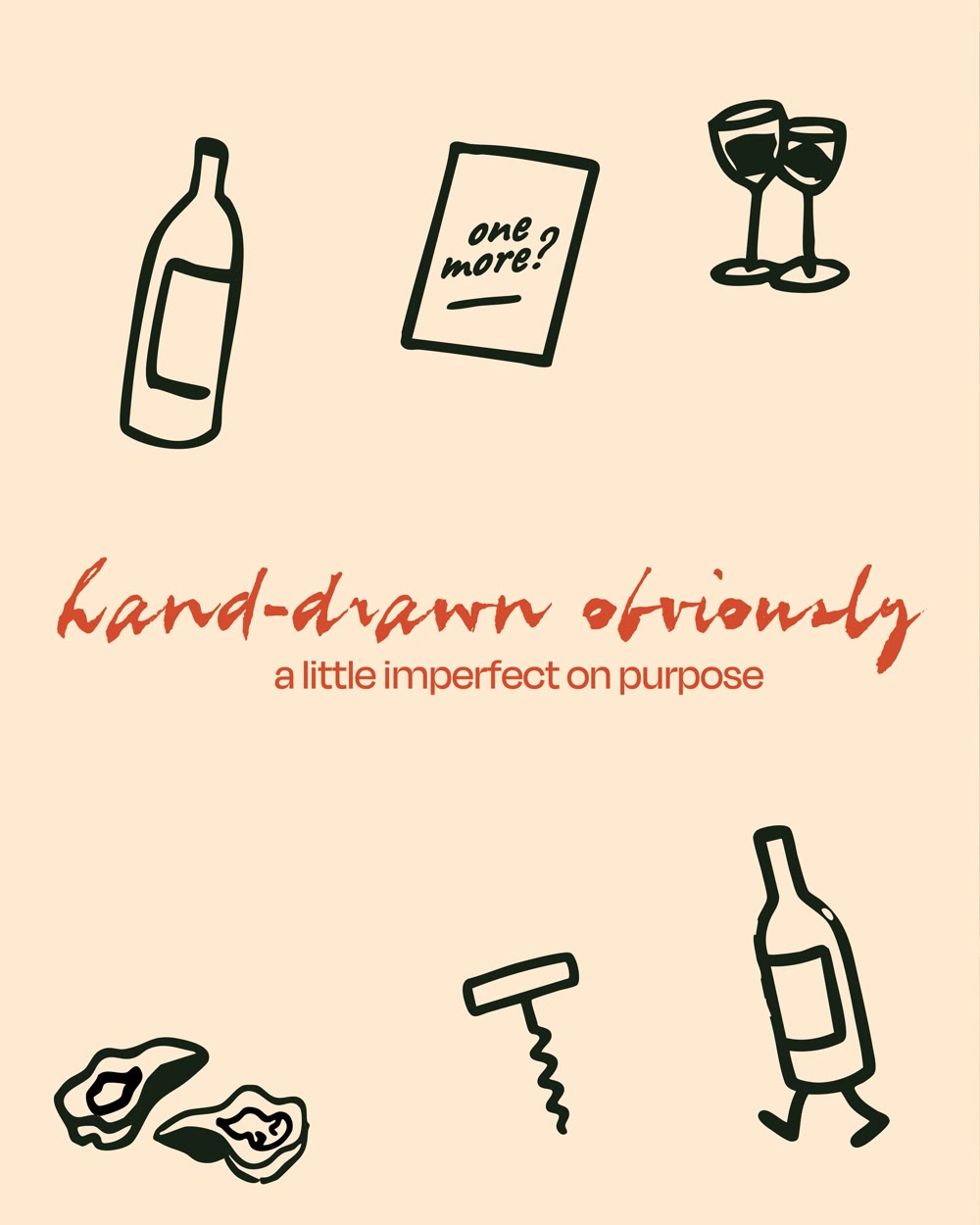 Handgetekende illustraties van flessen, glazen en een kurkentrekker